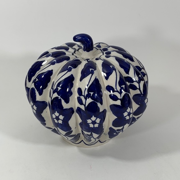Vintage Blue White Handpainted Porcelain Pumpkin - Picture 3 of 10